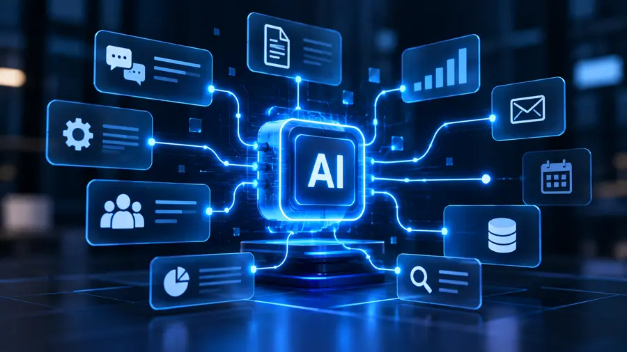 Ilustración de inteligencia artificial conectada con distintas tareas